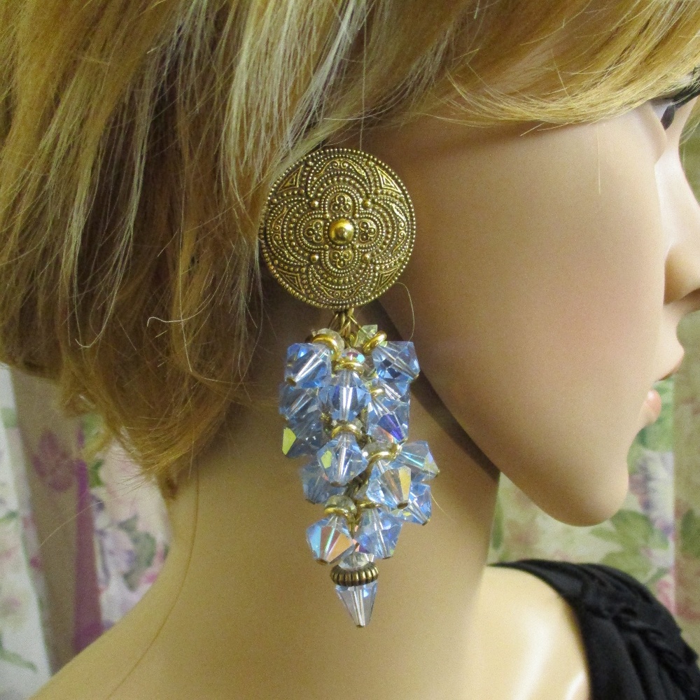 High End Blue AB Gold Chandelier Earrings